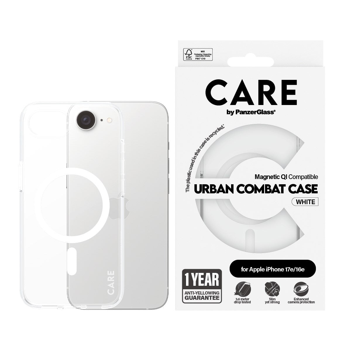 CARE™ by PanzerGlass® Urban Combat Case Transparent w. White Qi Compatible iPhone 17e | 16e